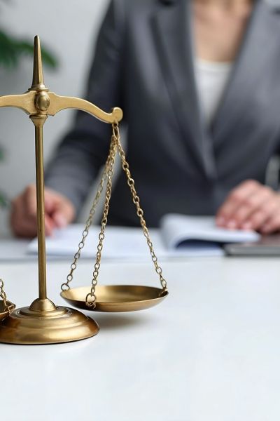 Advogada analisando um documento sobre a mesa onde repousa uma balança da justiça.