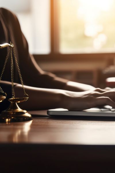 Advogada redigindo um documento em um computador sobre uma mesa onde repousa uma balança da justiça