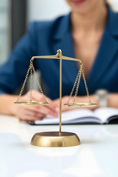 Advogada analisando documentação em uma mesa em que repousa uma balança da justiça