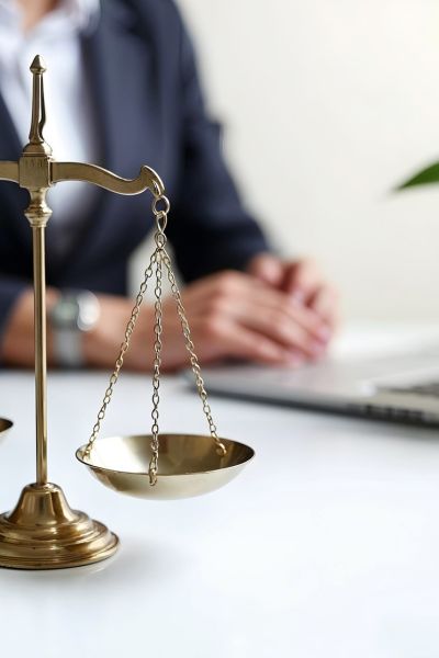 Advogada analisando um documento em um computador sobre a mesa sobre a qual repousa uma balança da justiça